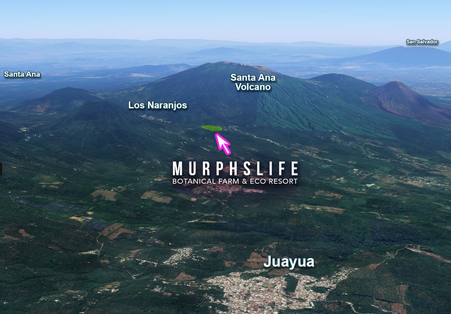Aerial map of MurphsLife Botanical Farm & Eco Resort location near Juayua, El Salvador